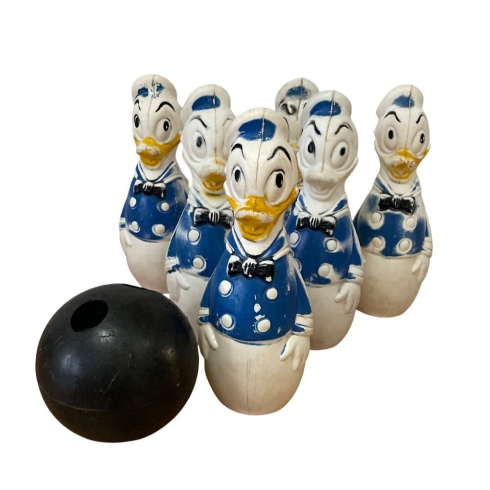 Vintage Donald Duck Bowling Set 6 Pins and Ball Walt Disney Productions 1960s